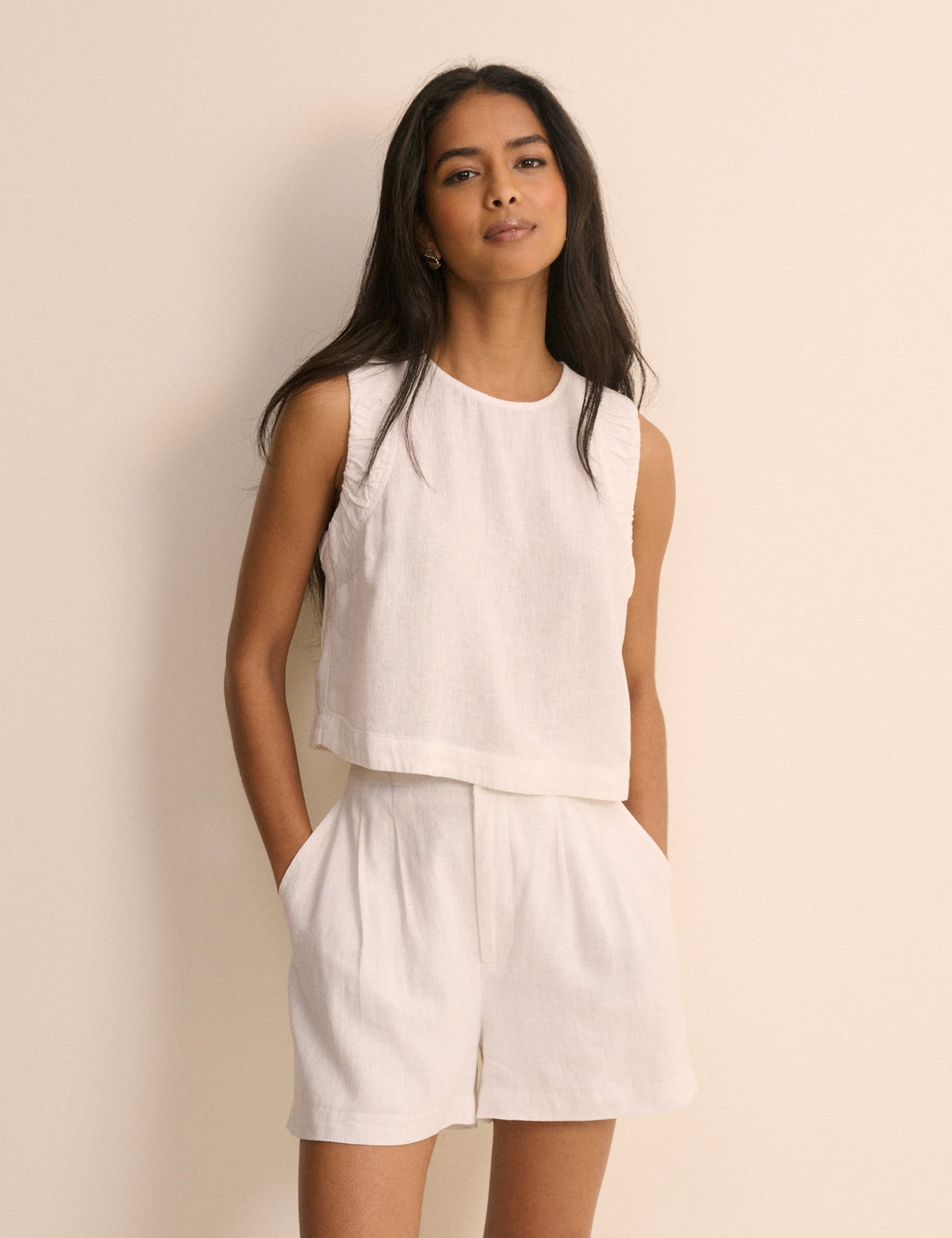White Linen-Rich Ruched Tank