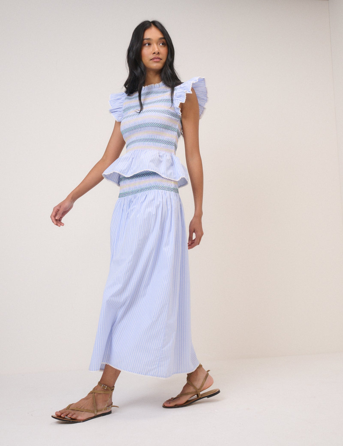 Blue Striped Shirred Waist Midi Skirt