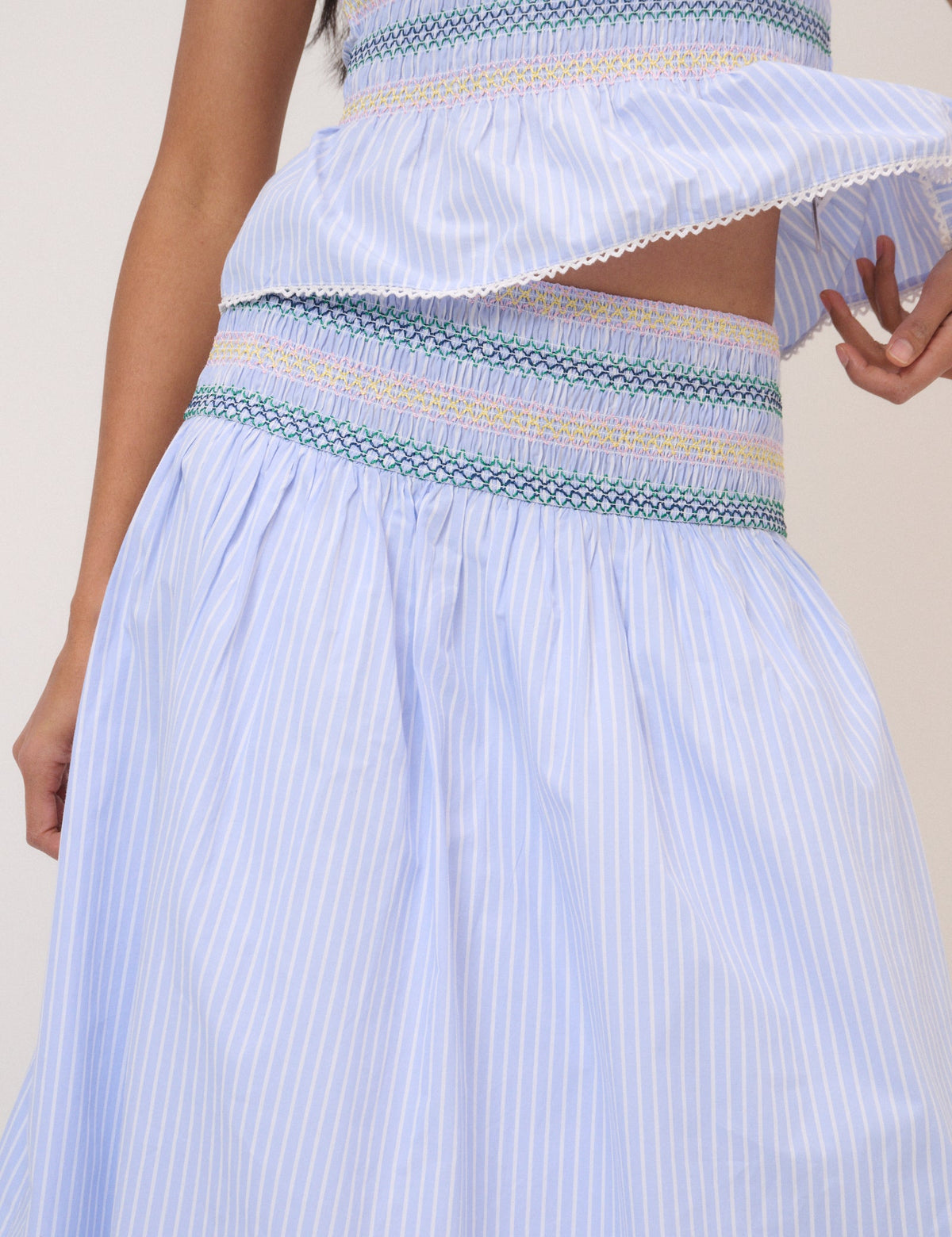 Blue Striped Shirred Waist Midi Skirt