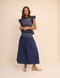 Navy Shirred Waist Midi Skirt