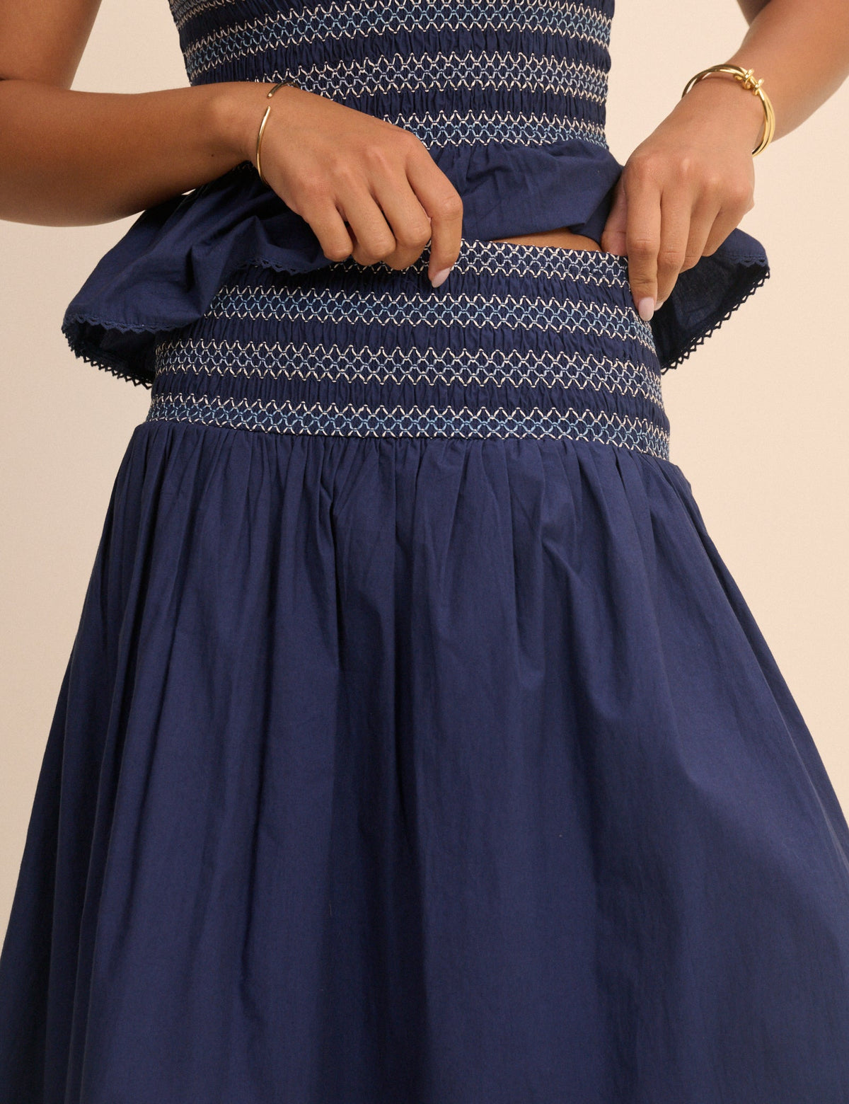 Navy Shirred Waist Midi Skirt