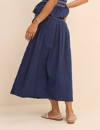 Navy Shirred Waist Midi Skirt