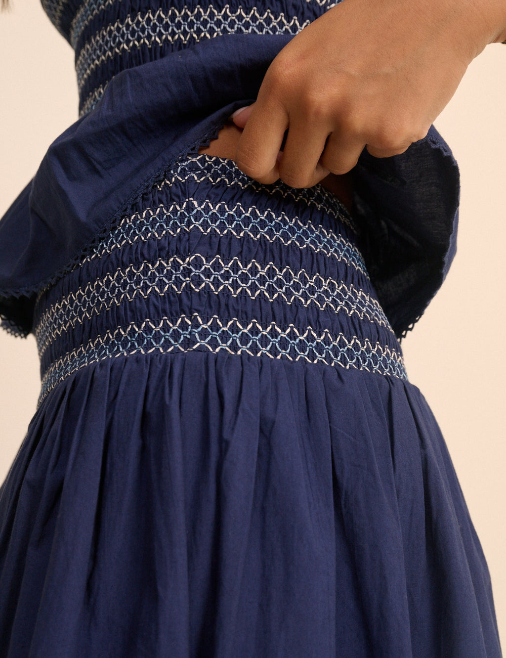 Navy Shirred Waist Midi Skirt