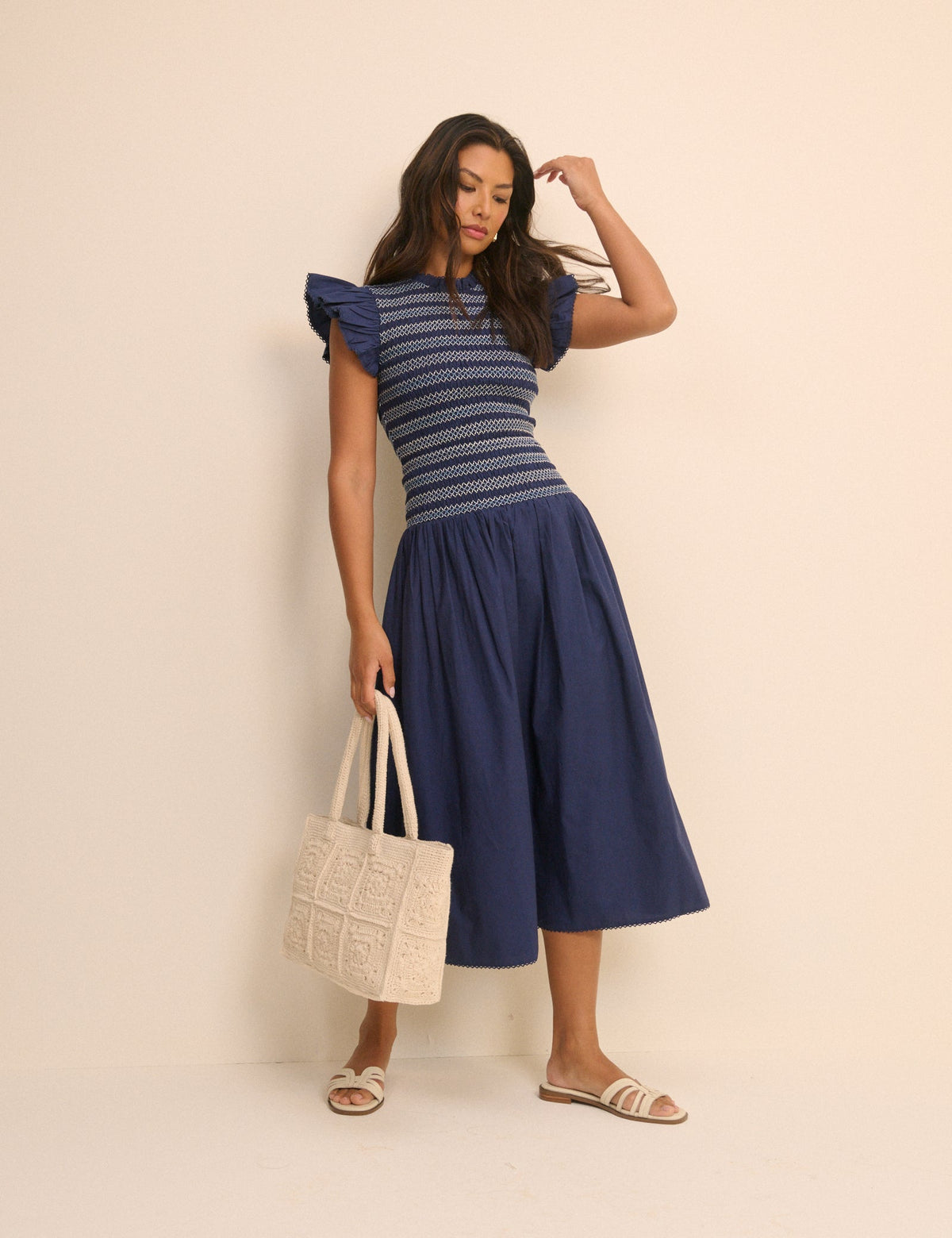 Navy Shirred Waist Midi Skirt