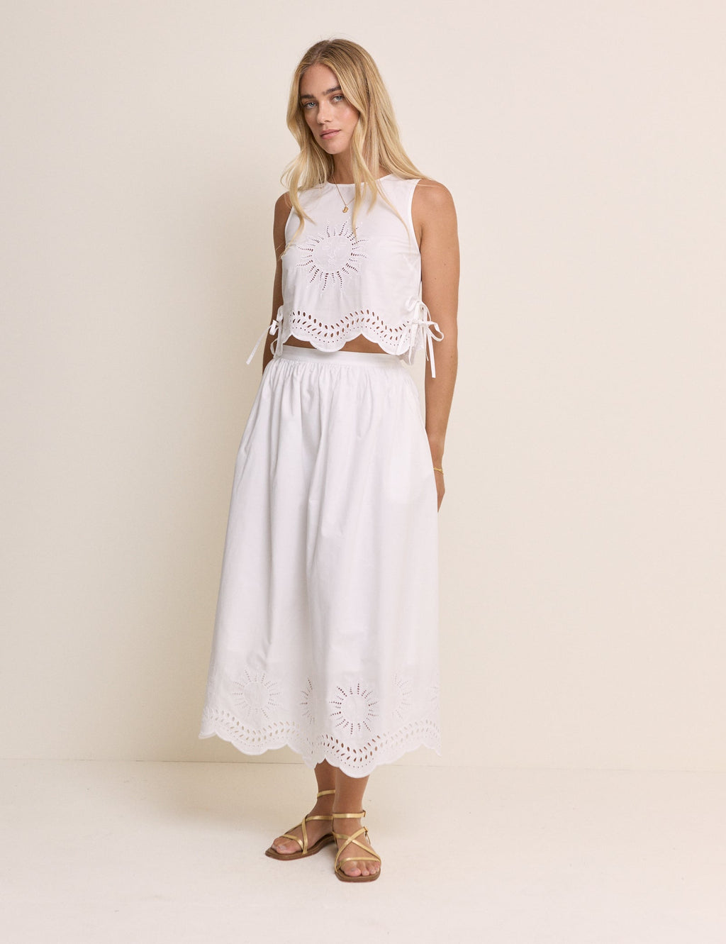 White Cutwork Top & Skirt Set