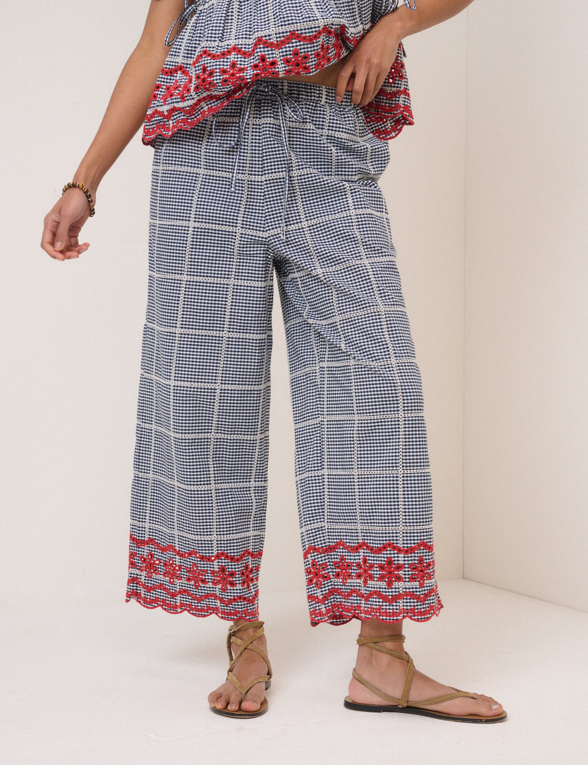 Black Gingham Embroidered Cropped Trousers