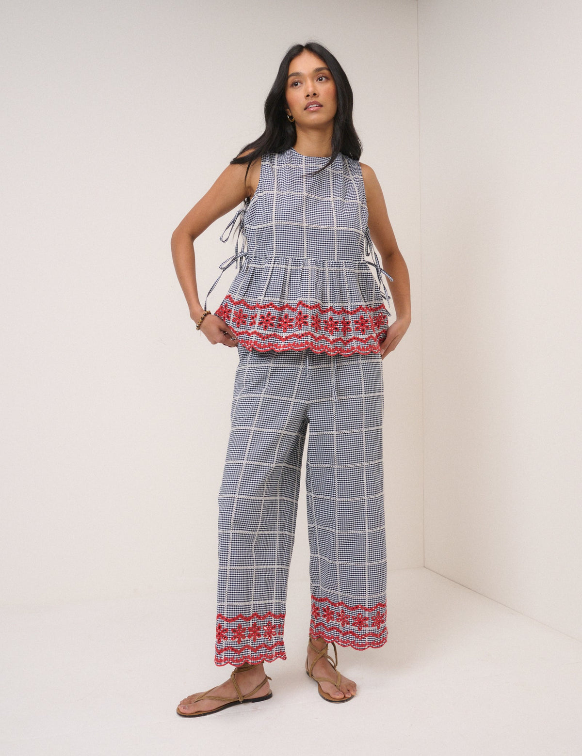 Black Gingham Embroidered Top & Trousers Set