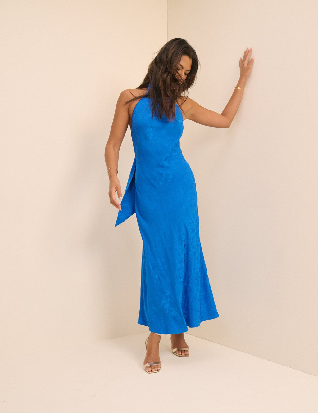 Cobalt Blue Floral Satin Fifi Maxi Dress