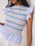 Blue Striped Shirred Top & Skirt Set