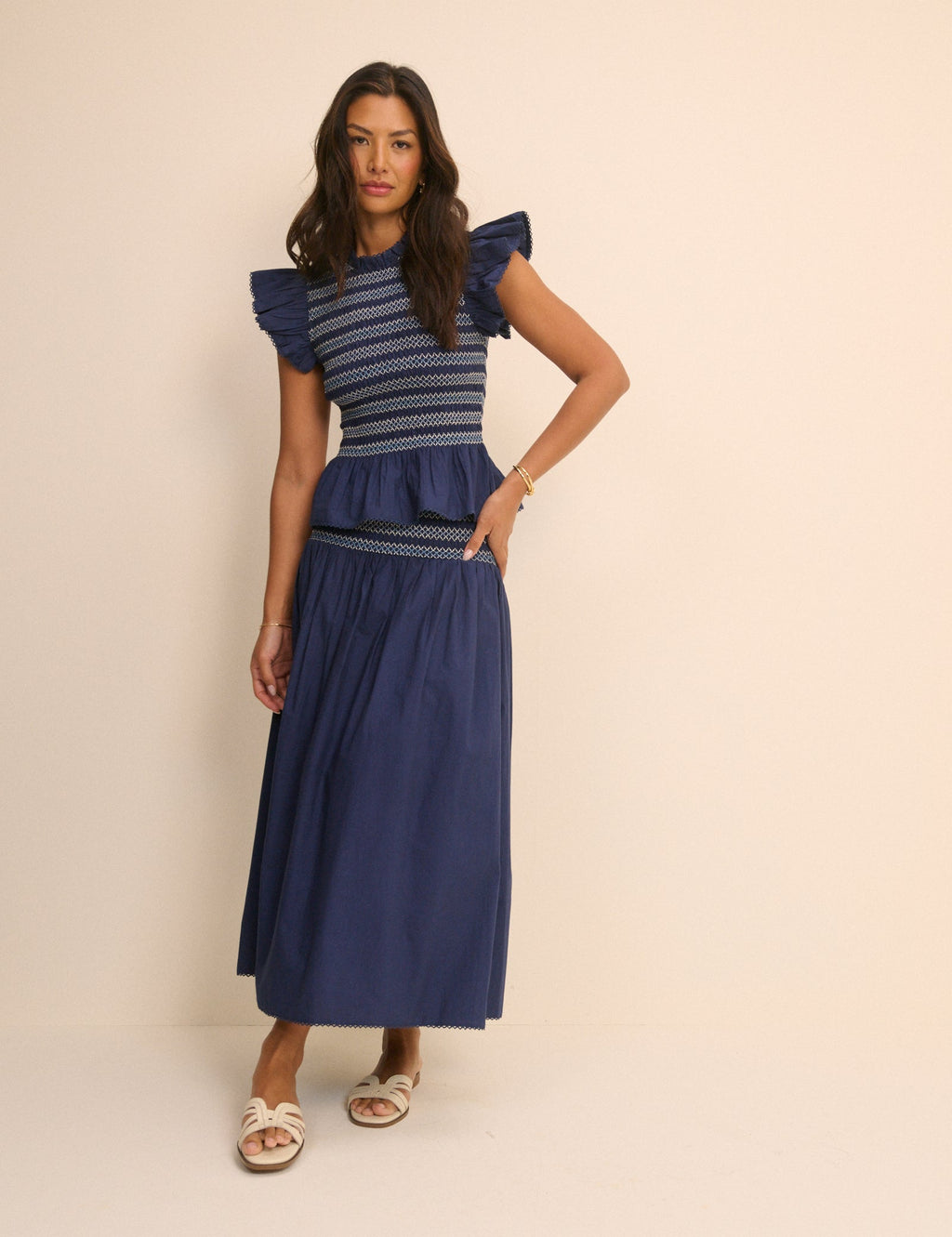 Navy Shirred Peplum Top