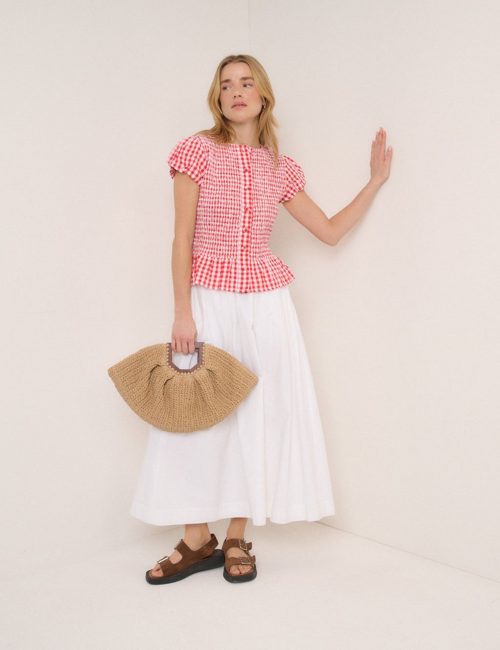 Red Gingham Puff Sleeve Blouse