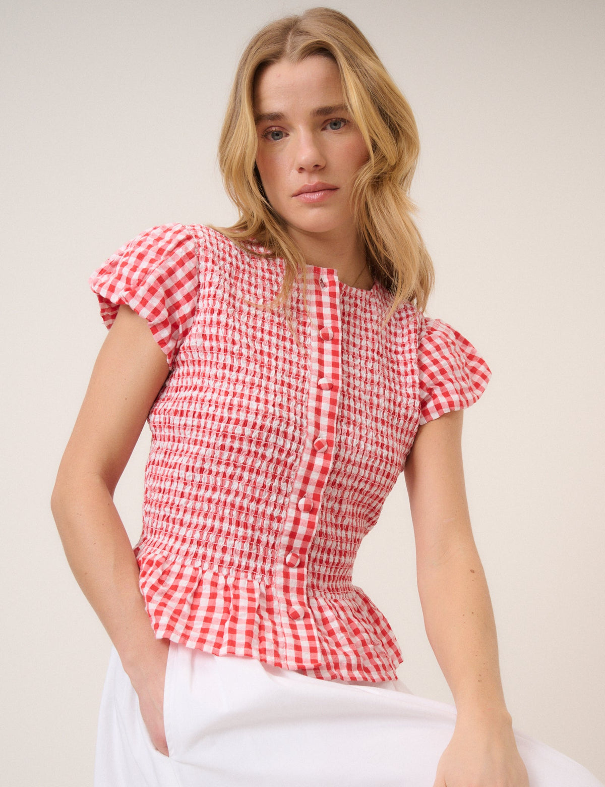 Red Gingham Puff Sleeve Blouse