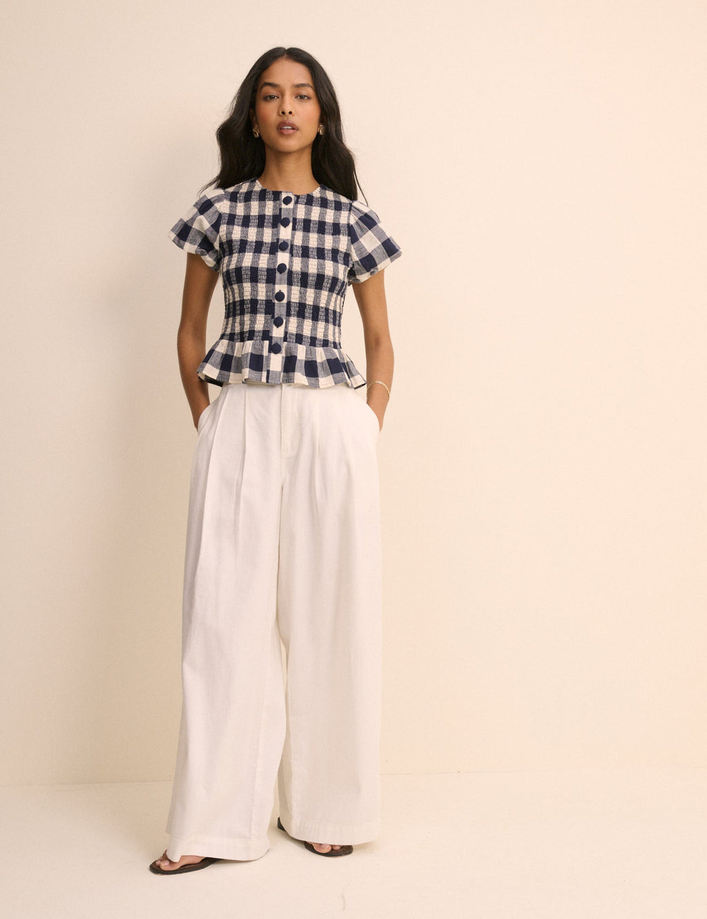 Navy Gingham Puff Sleeve Blouse