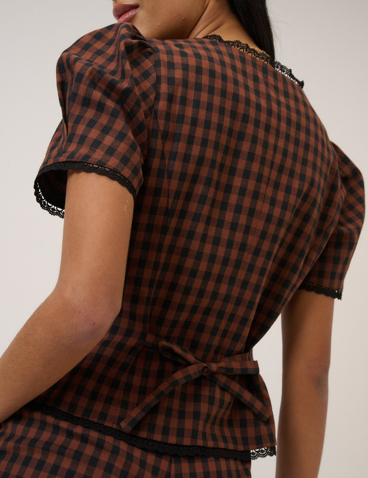 Brown Gingham Puff Sleeve Top