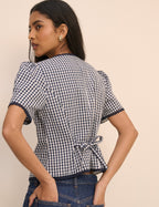 Navy Gingham Puff Sleeve Top