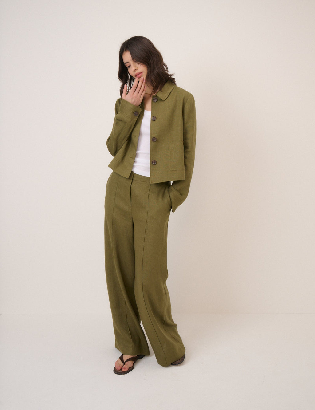 Khaki Linen-Rich Wide Leg Tailored Trousers