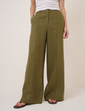 Khaki Linen-Rich Wide Leg Tailored Trousers