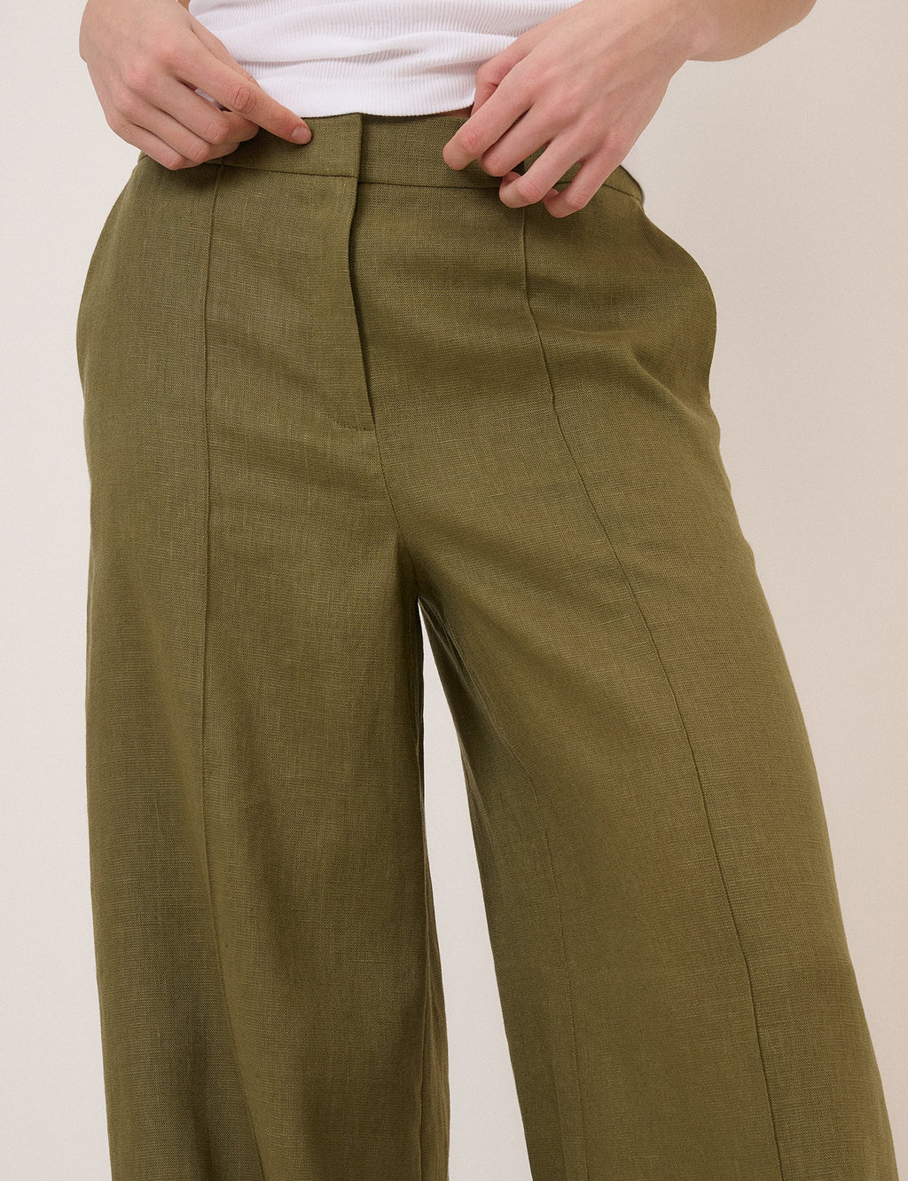 Khaki Linen-Rich Wide Leg Tailored Trousers