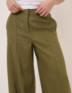 Khaki Linen-Rich Wide Leg Tailored Trousers