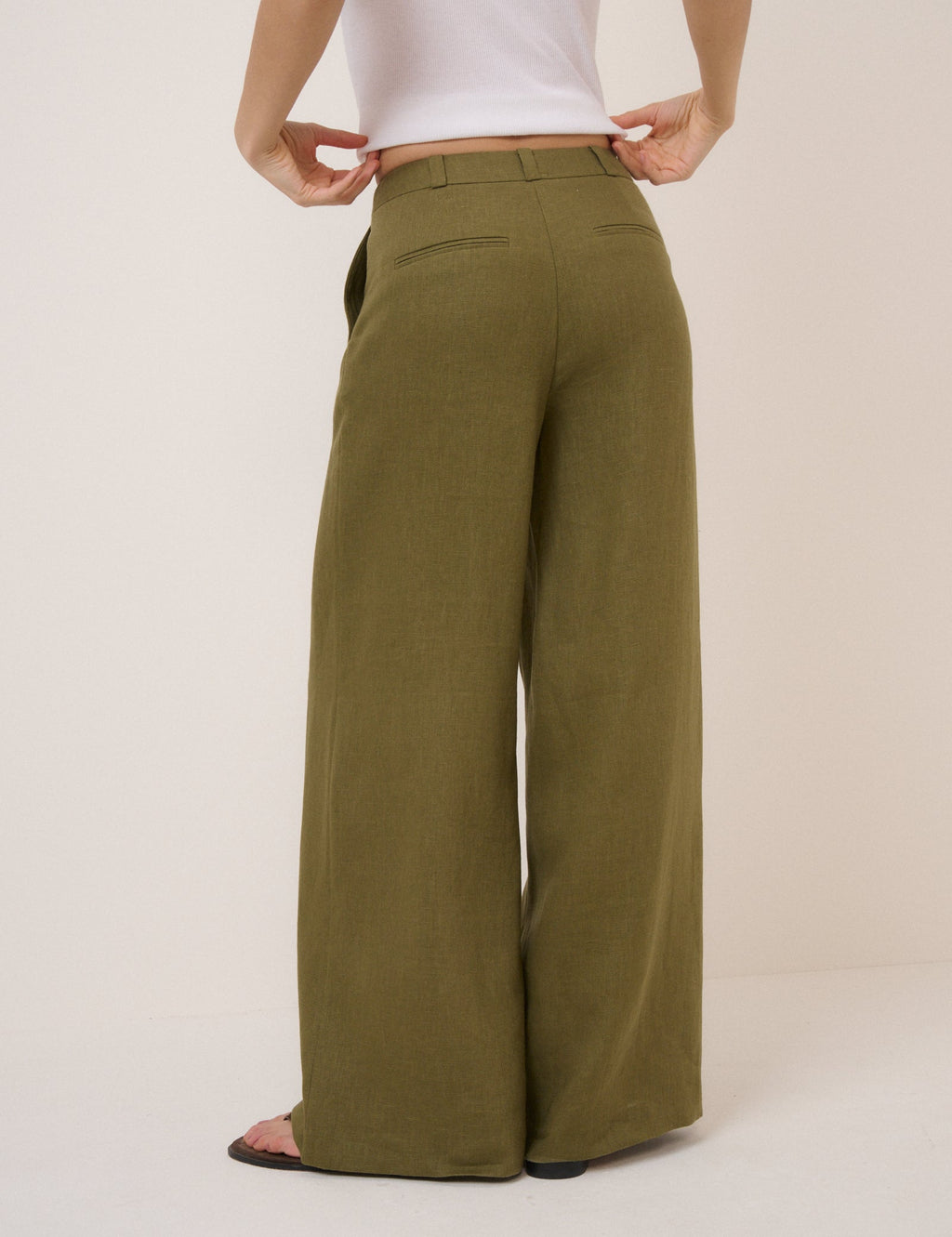 Khaki Linen-Rich Wide Leg Tailored Trousers