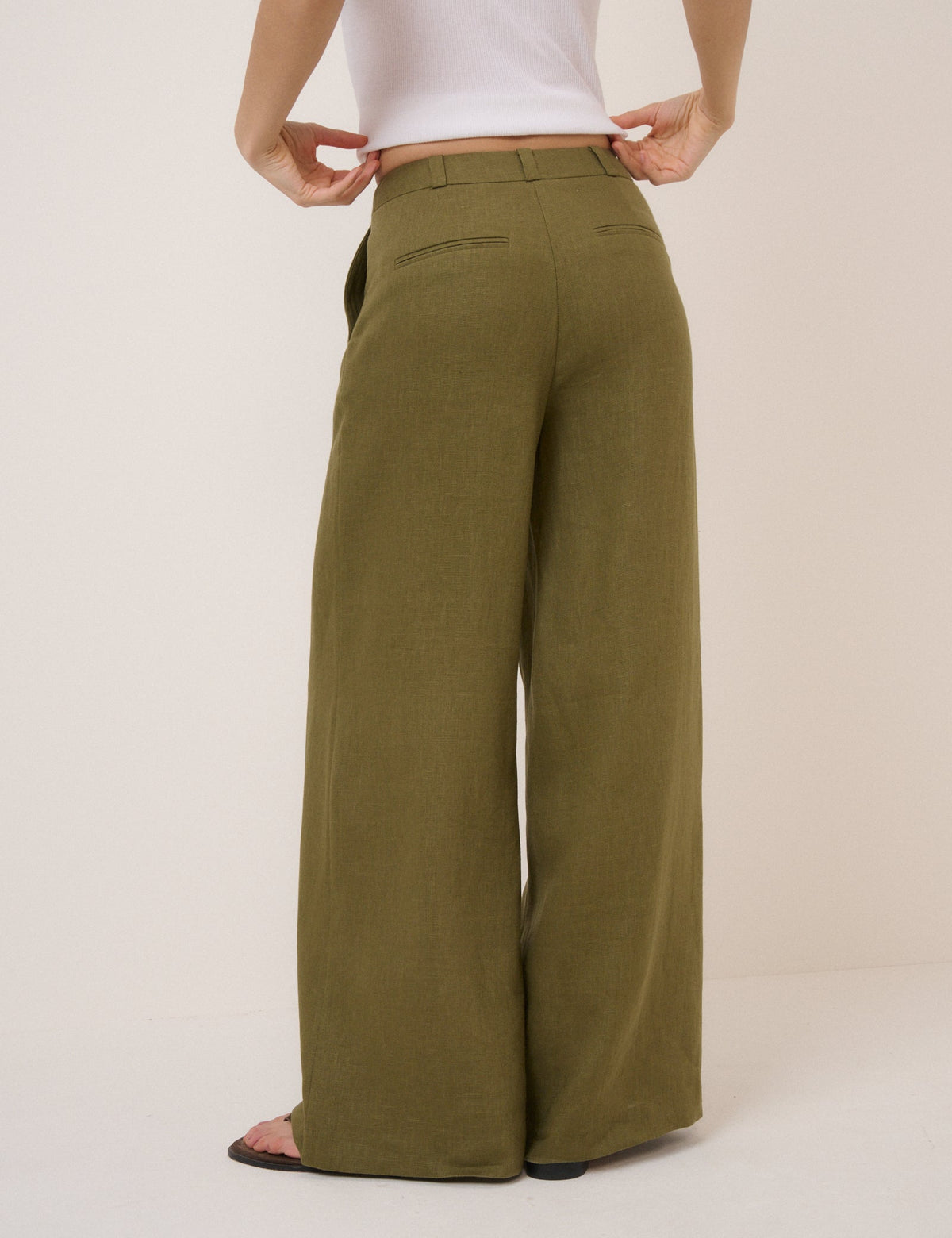 Khaki Linen-Rich Wide Leg Tailored Trousers