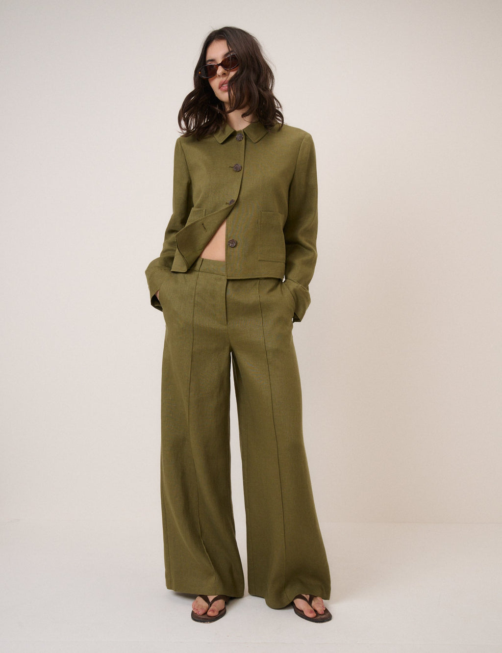 Khaki Linen-Rich Wide Leg Tailored Trousers