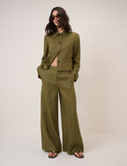Khaki Linen-Rich Wide Leg Tailored Trousers