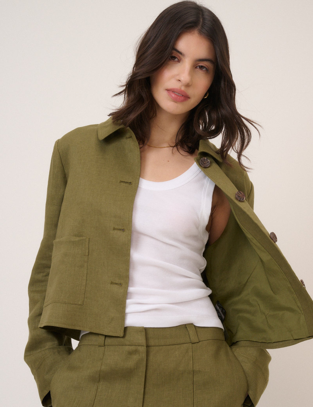 Khaki Linen-Rich Boxy Jacket