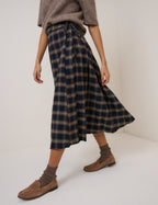 Navy Check Tailored Kilt Midi Skirt