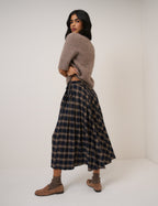 Navy Check Tailored Kilt Midi Skirt