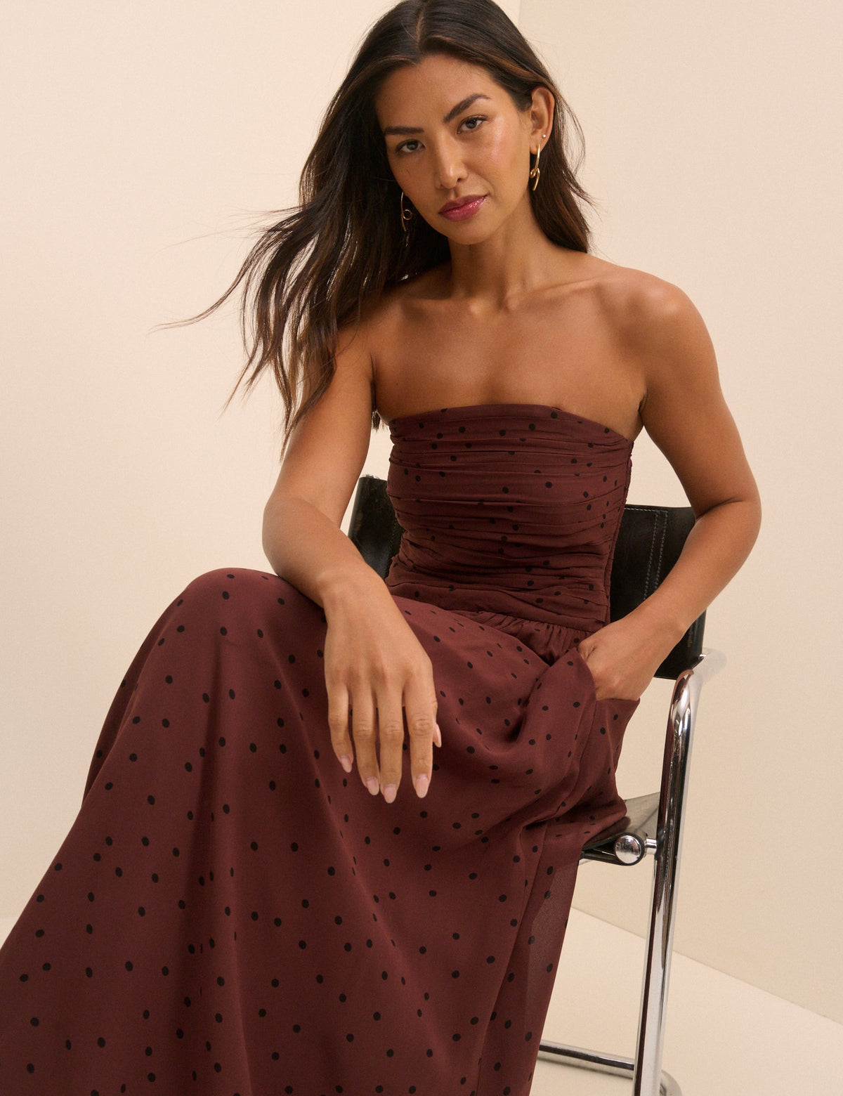 Brown and Black Polka Dot Bandeau Alice Midi Dress