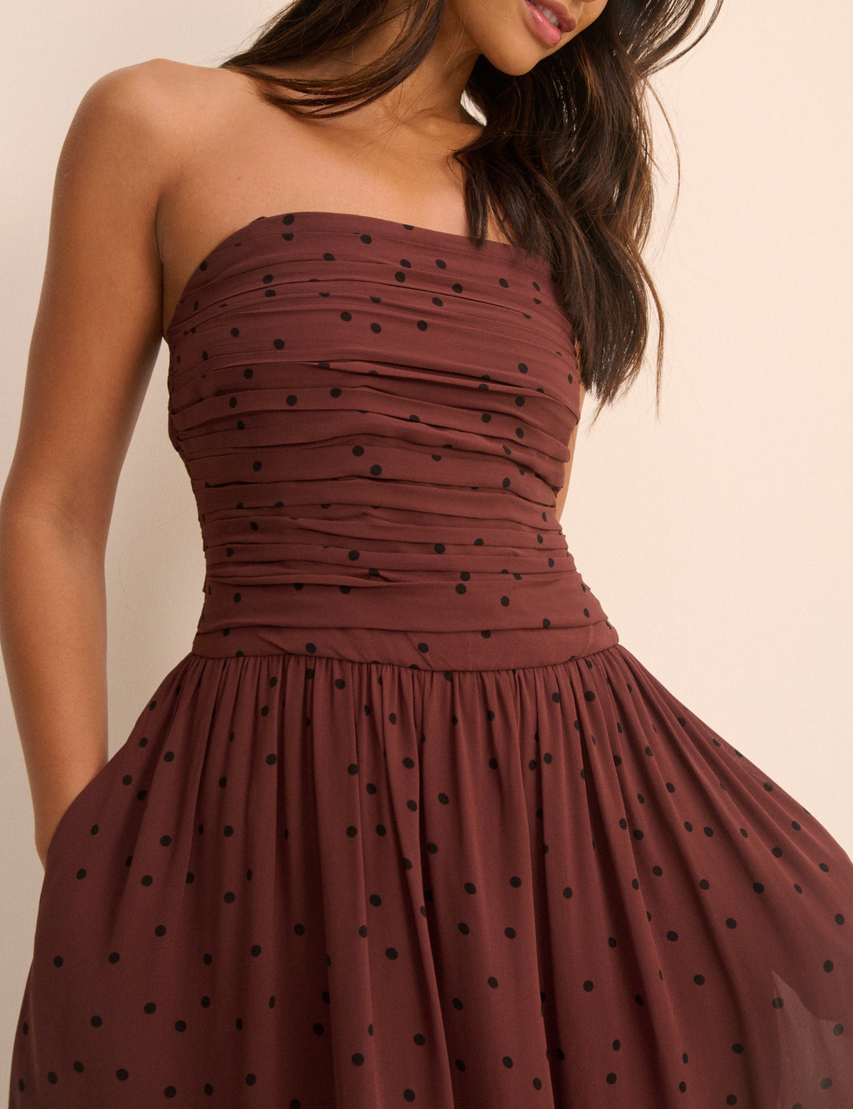 Brown and Black Polka Dot Bandeau Alice Midi Dress