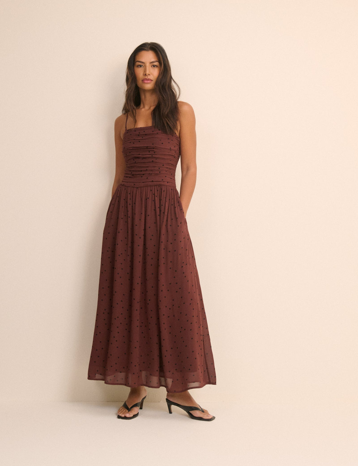Brown and Black Polka Dot Bandeau Alice Midi Dress