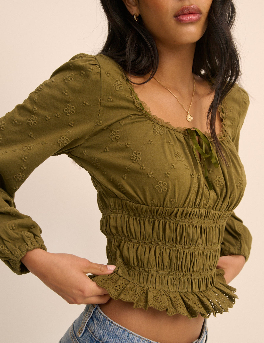 Khaki Embroidered Long Sleeve Shirred Bodice Top