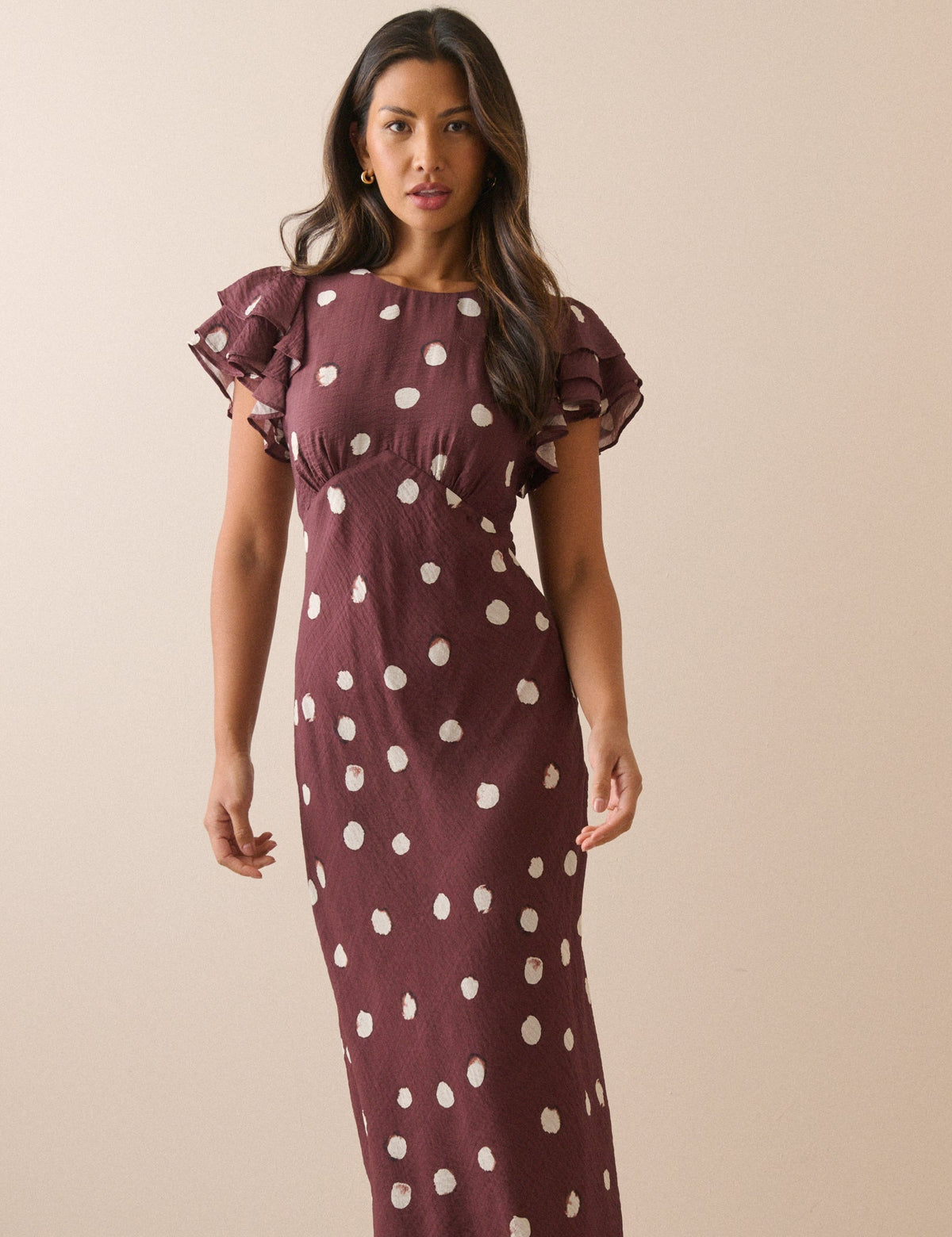 Brown Polka Dot Frill Sleeve Lola Midi Dress