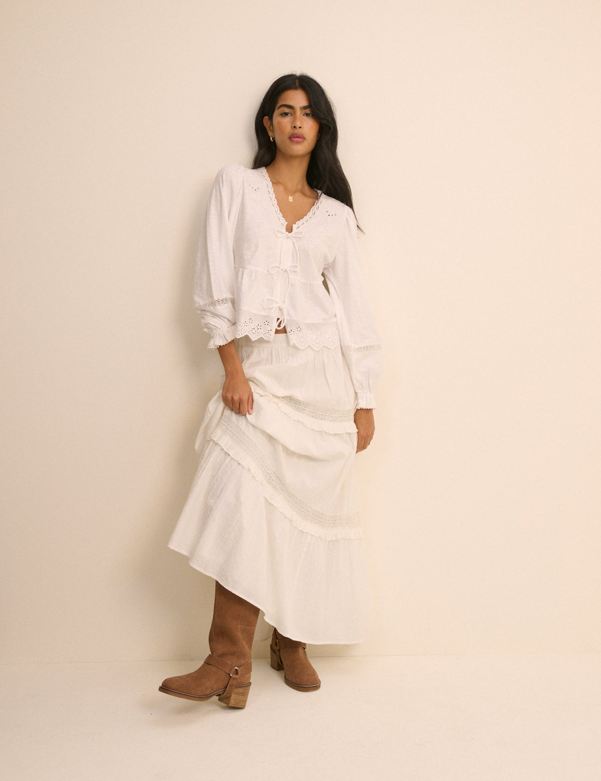 White Embroidered Tie Front Jersey Blouse