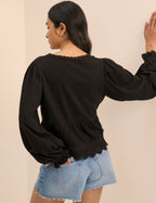 Black Embroidered Tie Front Blouse