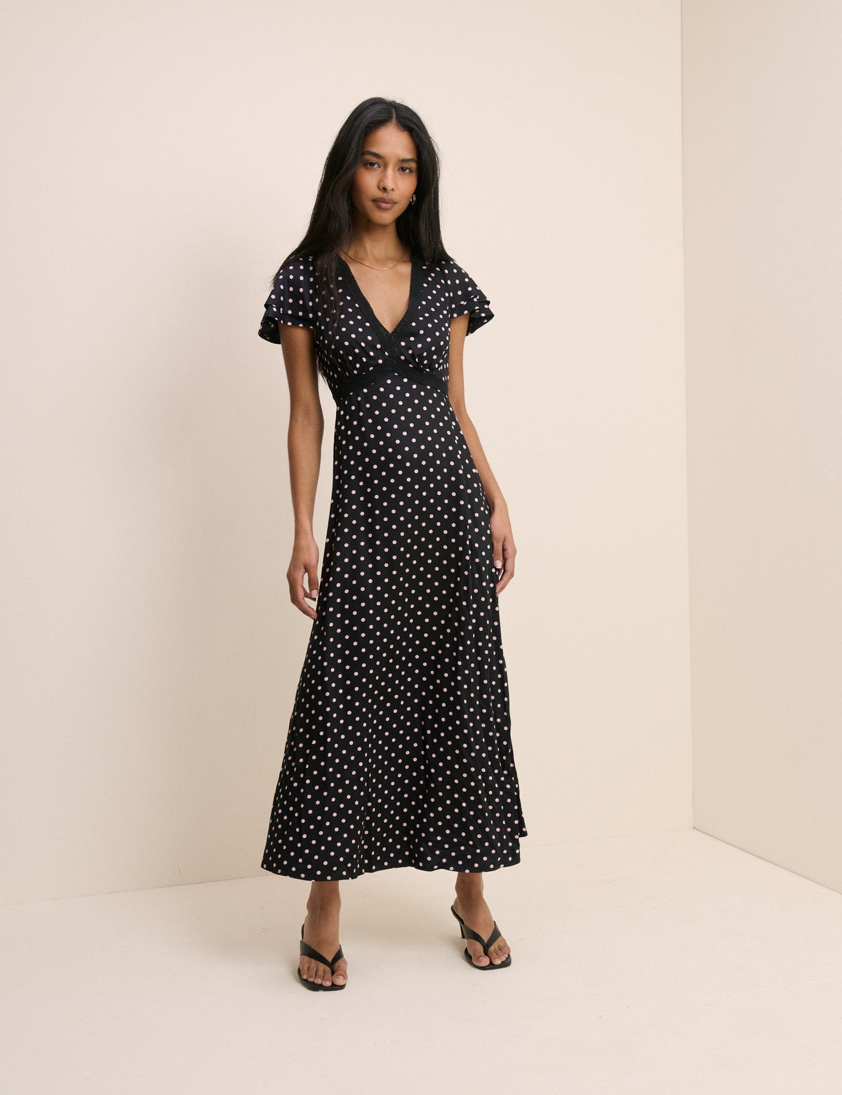 Black Polka Dot Lace Trim Iris Midi Dress