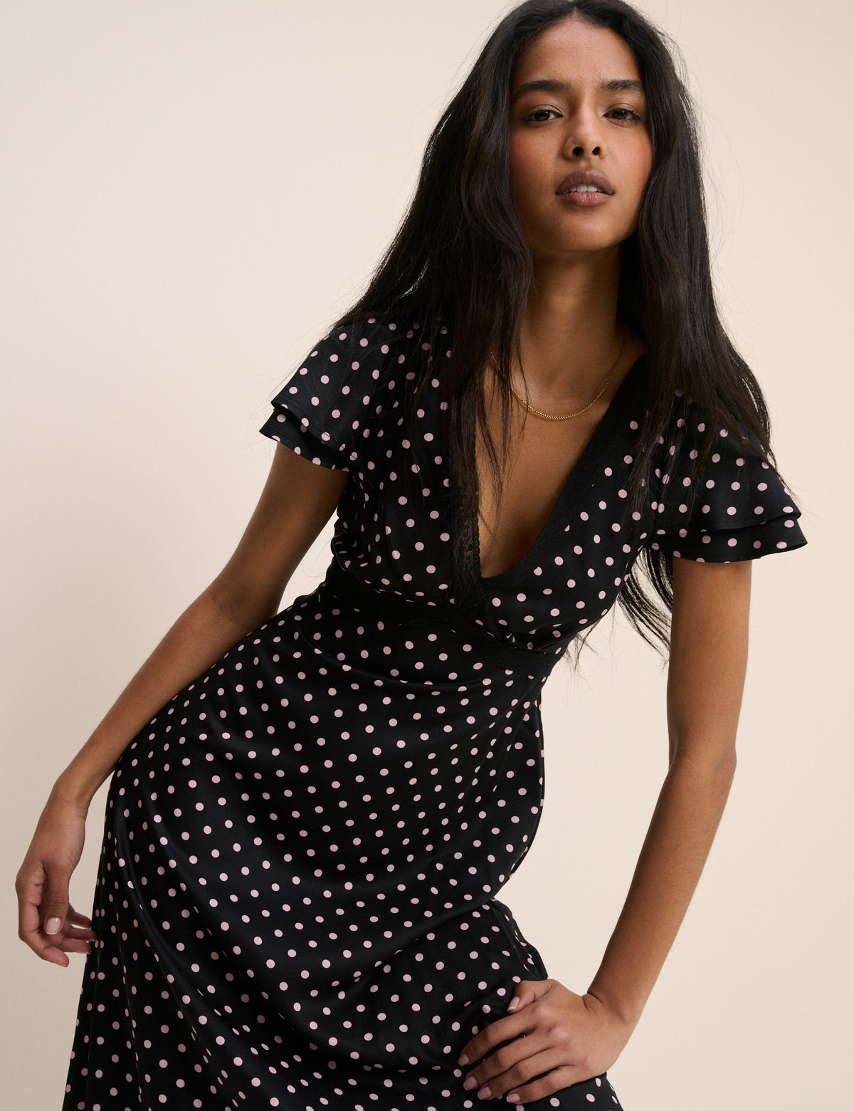 Black Polka Dot Lace Trim Iris Midi Dress