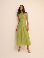 Light Green Pleated V-Neck Ohana Midaxi Dress