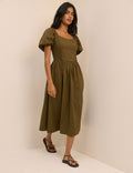 Khaki Puff Sleeve Mara Midi Dress