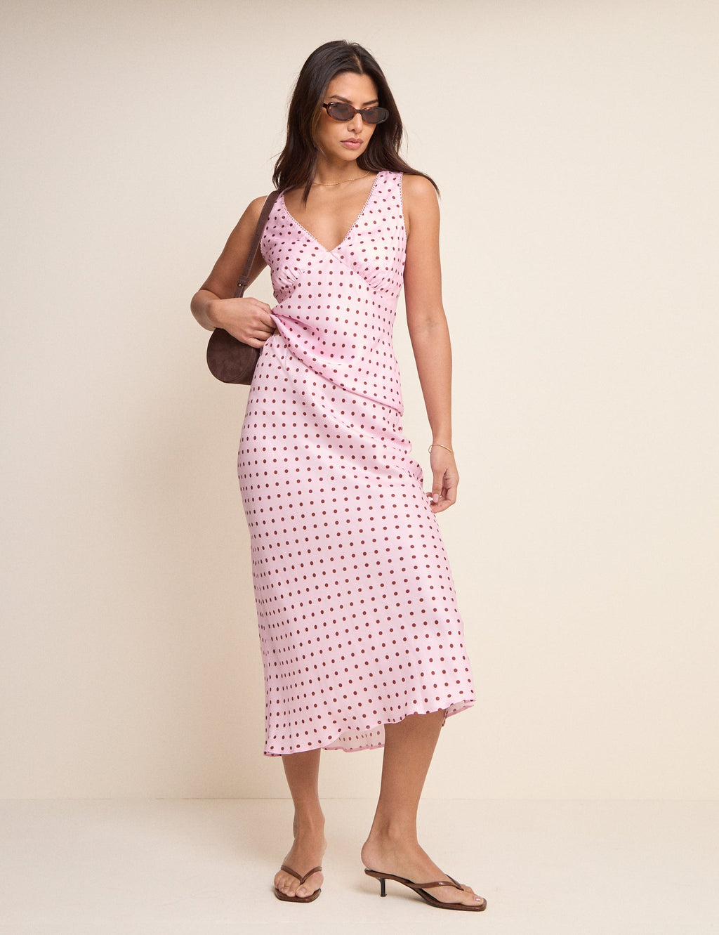 Pink and Brown Polka Dot Satin Midi Skirt