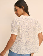 Ivory and Blue Ditsy Floral Puff Sleeve Lumi Blouse