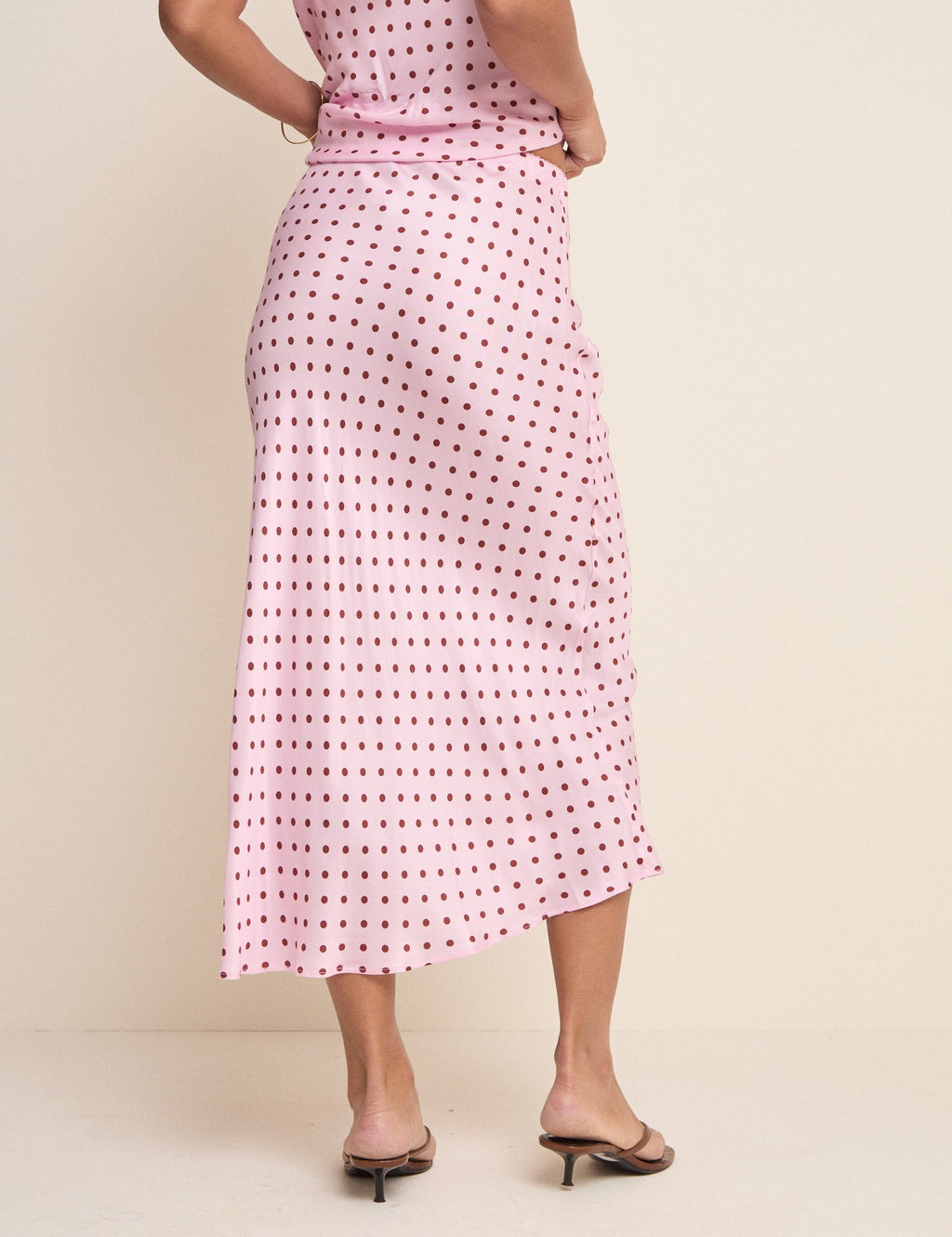 Pink and Brown Polka Dot Satin Midi Skirt