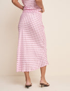 Pink and Brown Polka Dot Satin Midi Skirt