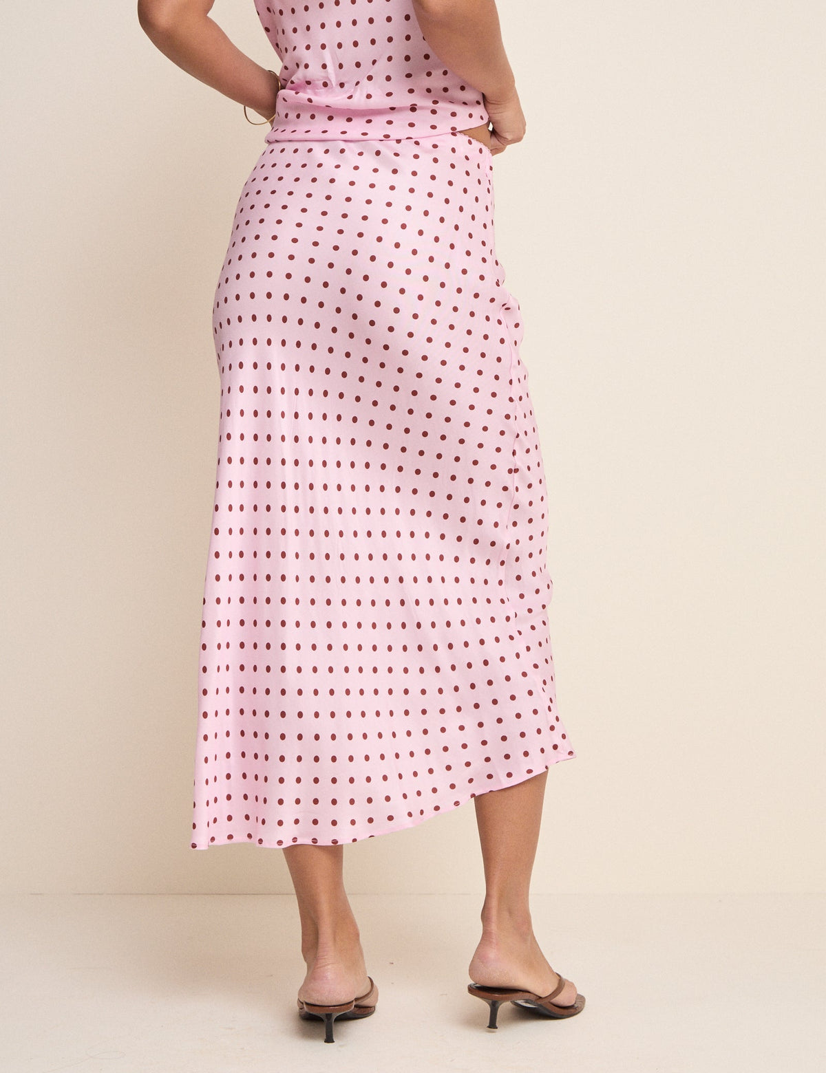 Pink and Brown Polka Dot Satin Midi Skirt