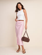 Pink and Brown Polka Dot Satin Midi Skirt