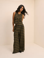 Khaki Green Gingham Button Front Top