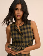 Khaki Green Gingham Button Front Top