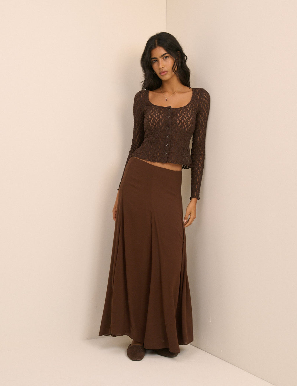 Brown Lace Scoop Neck Cardigan